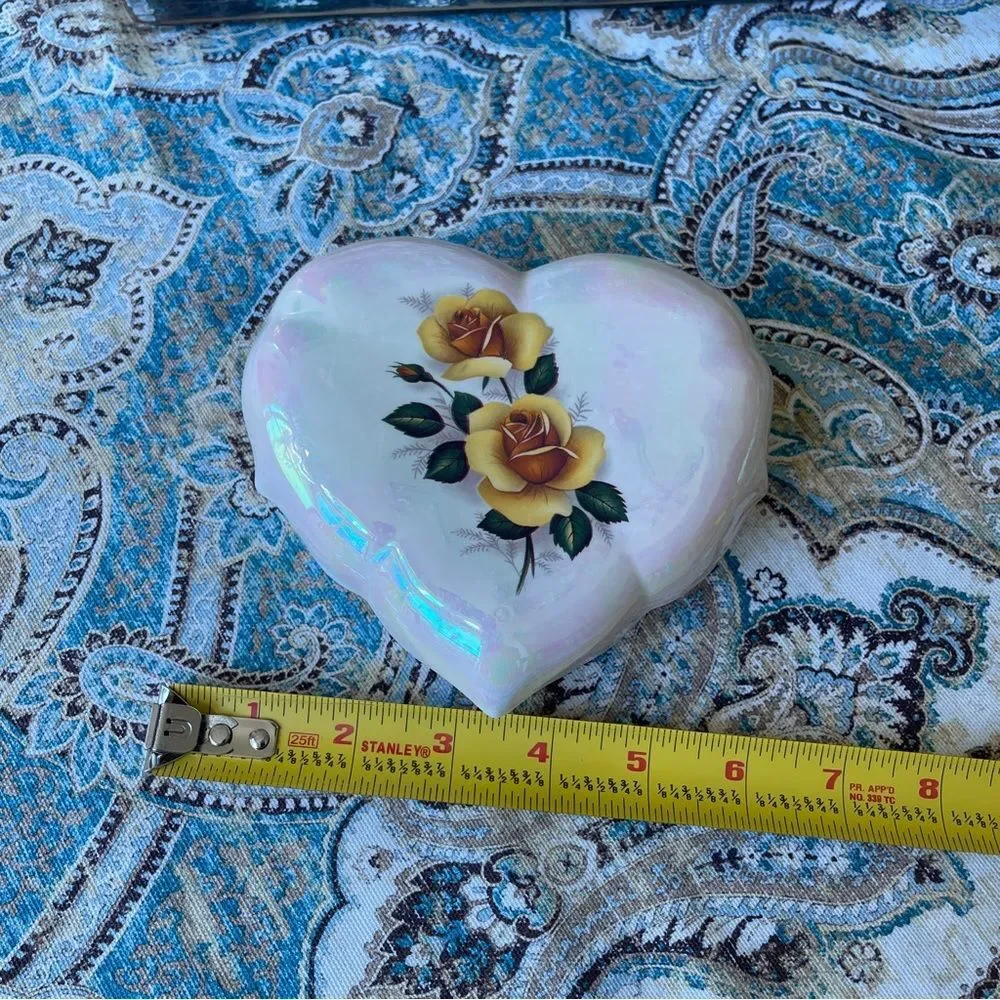 Lusterware Heart Trinket Box Vintage Porcelain Yellow Rose Jewelry Box